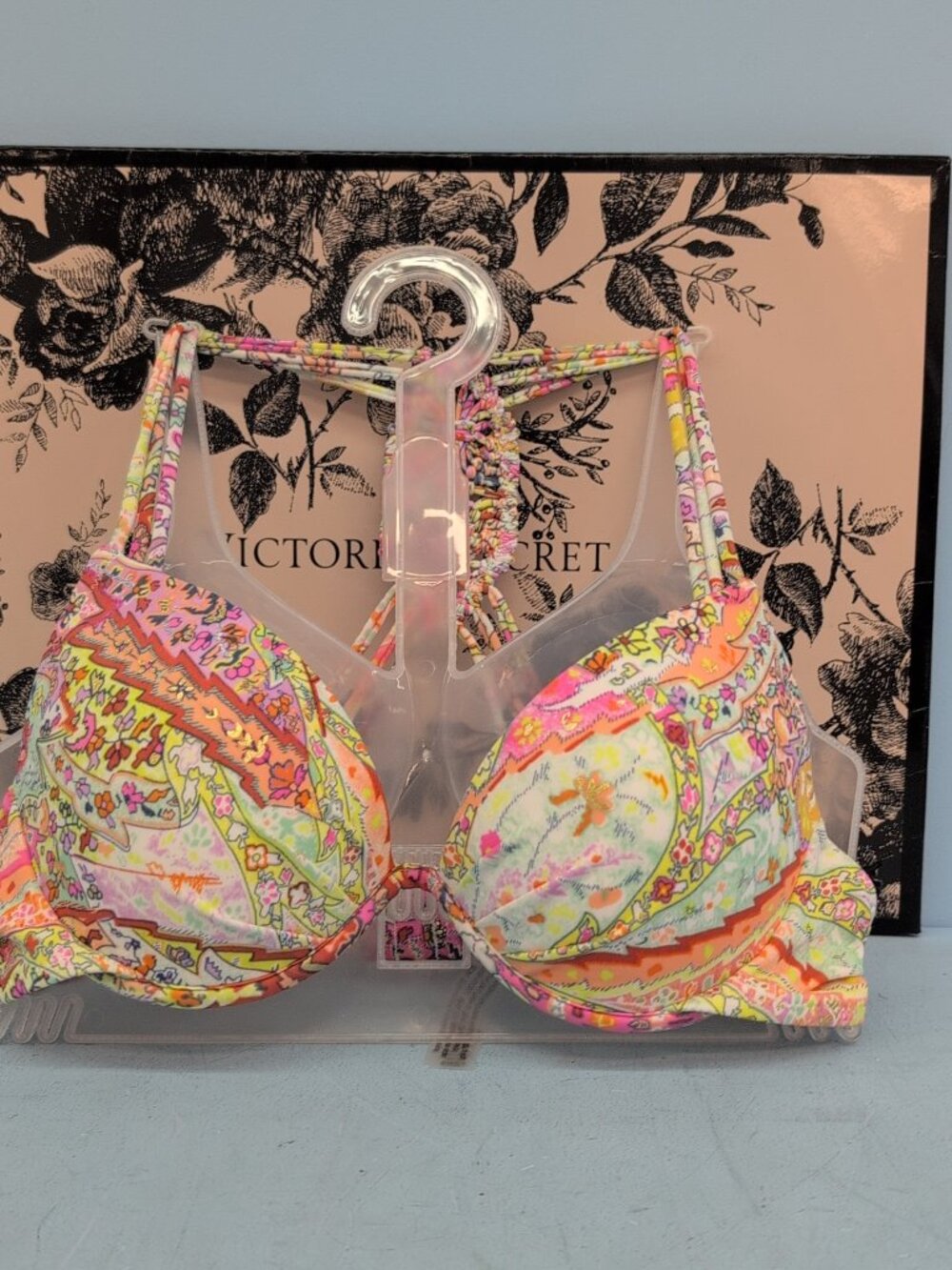 Victoria's Secret Archives Swim Macrame Halter Push Up Bikini Top 34A Paisley Pi